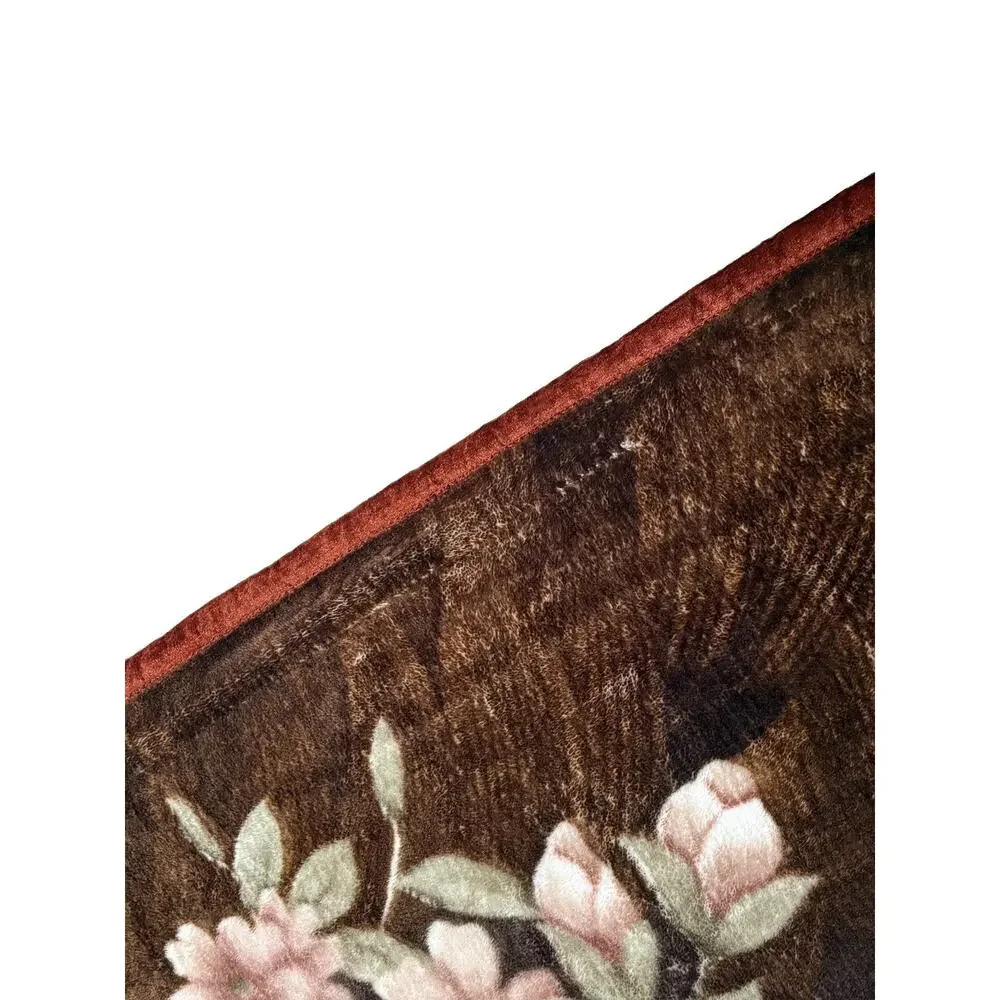 Vintage Thick Reversible Fleece Blanket Accent Quilt Horse & Flower Motifs Brown